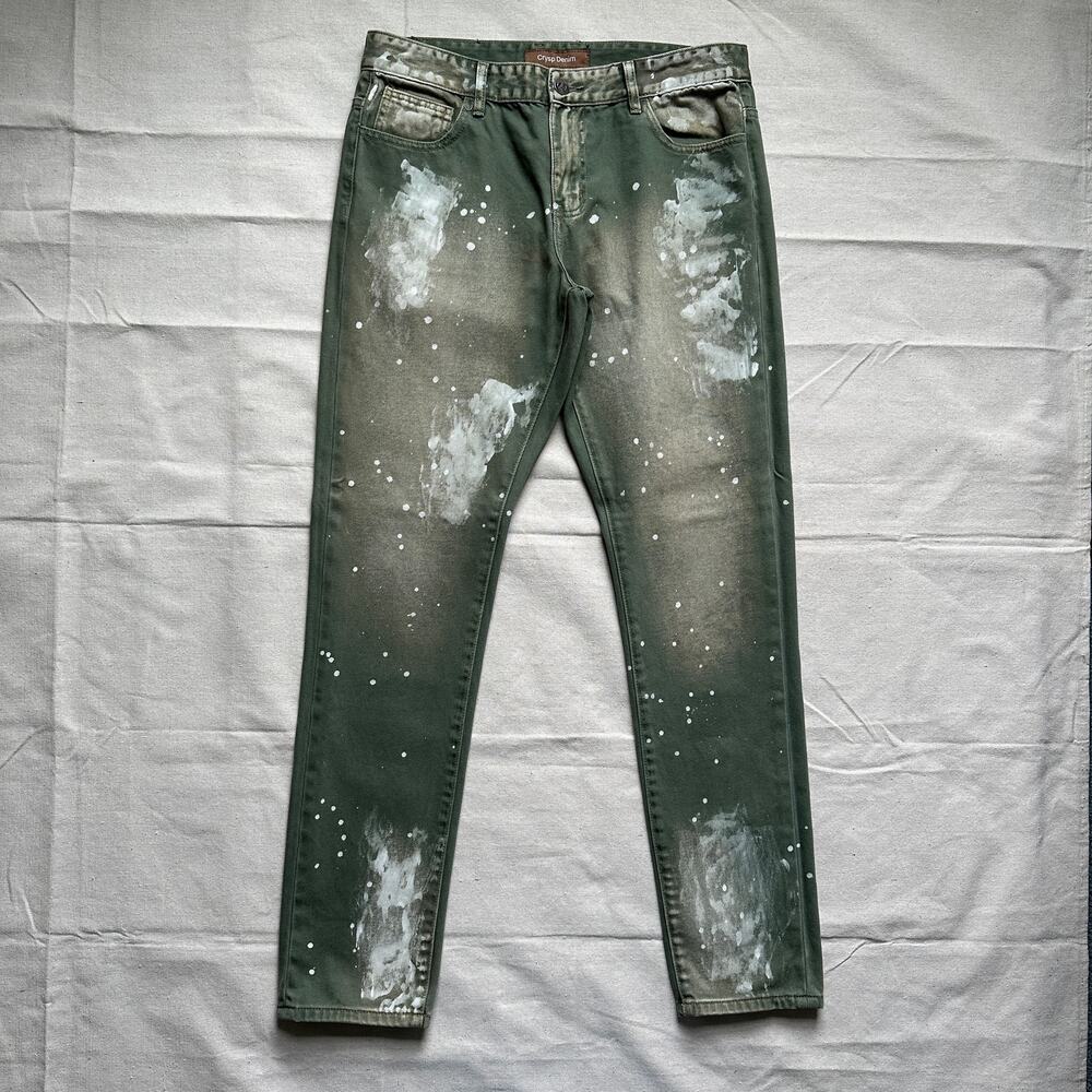Crysp Denim Straight Leg Green with Paint Detail Mens 34x33 Excellent Condition